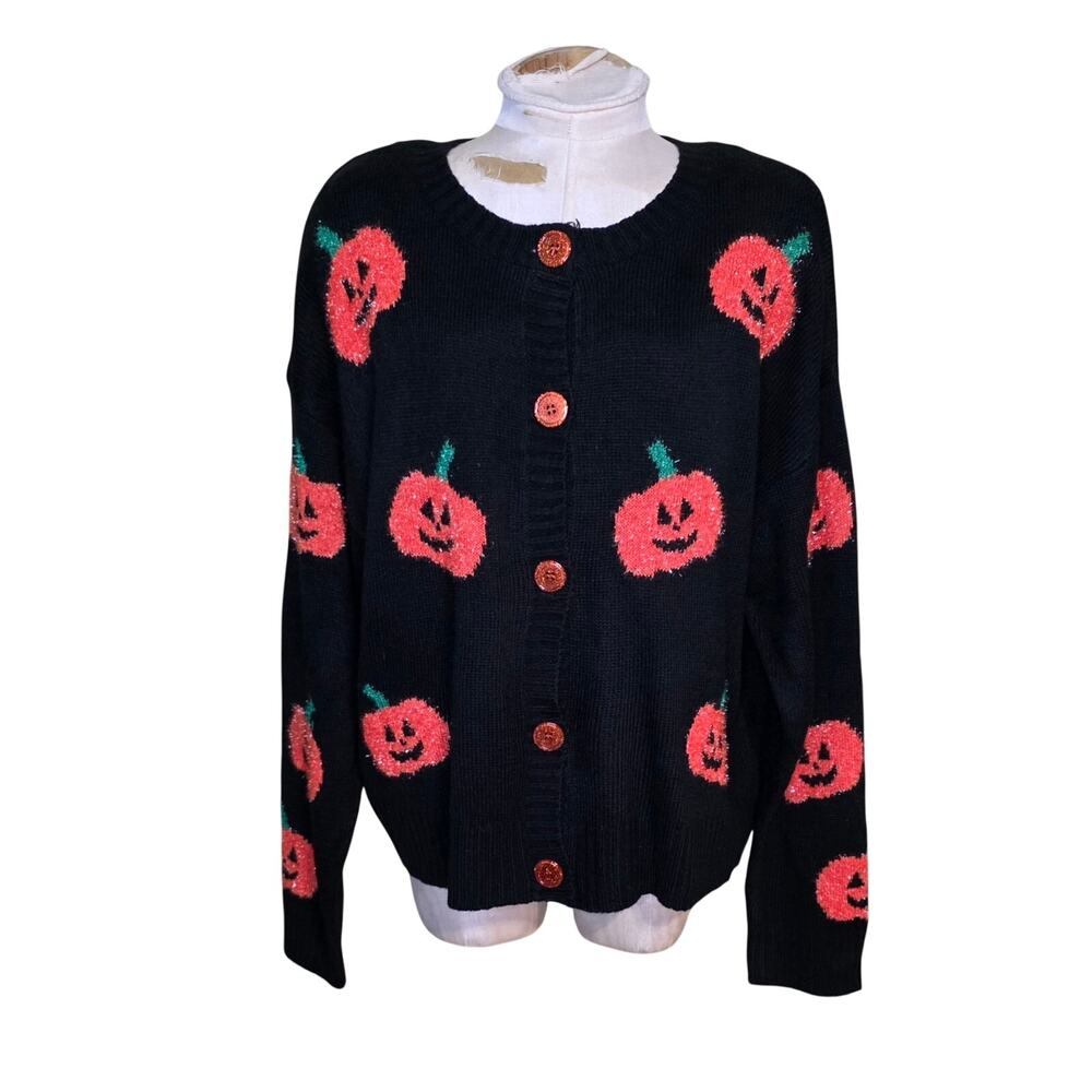 Womens Plus XXL Black Halloween Pumpkin Sweater Cardigan‎ Button Front 33Degrees